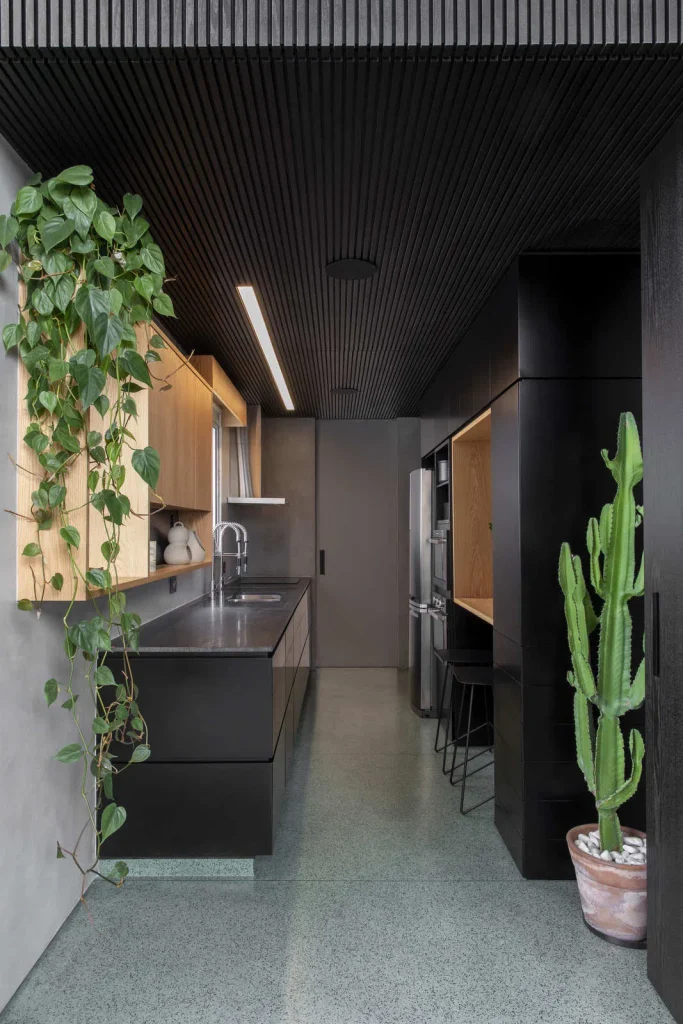 Cozinha preta com plantas
