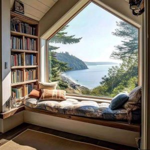 Espaço com livros e grande janela