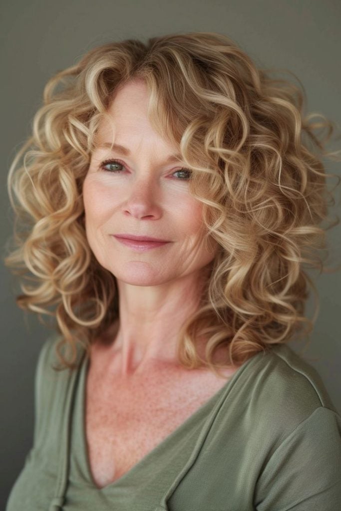 Mulher mais velha com cabelo cacheado e loiro mel