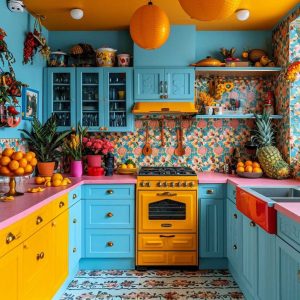 Cozinha com móveis multicoloridos