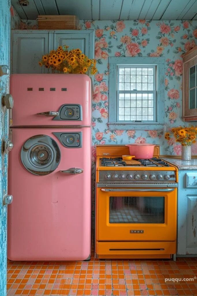 Cozinha com design vintage colorido