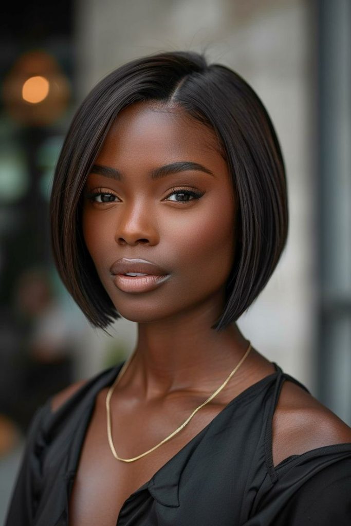 Mulher negra com roupa preta e cabelo curto blunt bob 