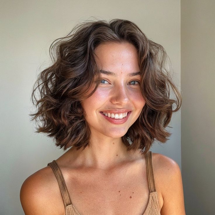Mulher com cabelo ondulado e curto, no estilo bob com camadas.