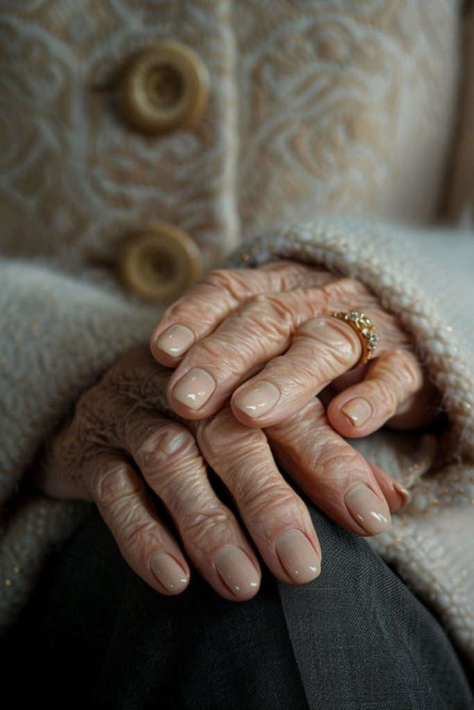 Mão de mulher mais velha apoiadas uma sobre a outra com unha neutra