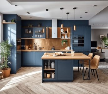 Cozinha azul e na cor madeira com mesa e bancada juntas