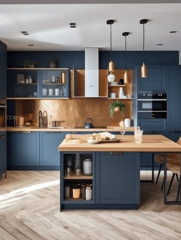 Cozinha azul e na cor madeira com mesa e bancada juntas