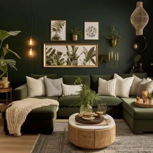 Sala com parede e sofá verde, e quadros com plantas