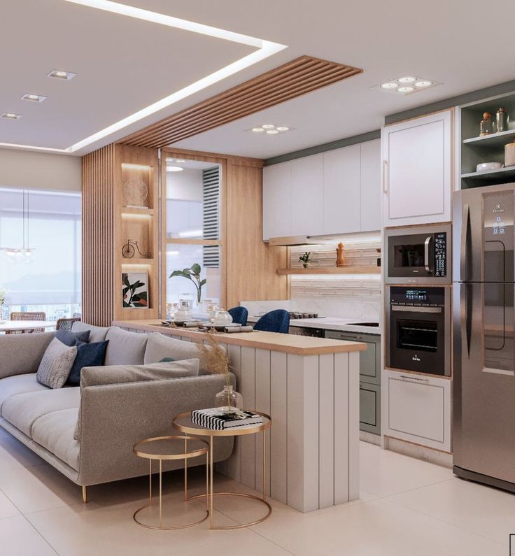 Sala e cozinha em tons neutros e amadeirados
