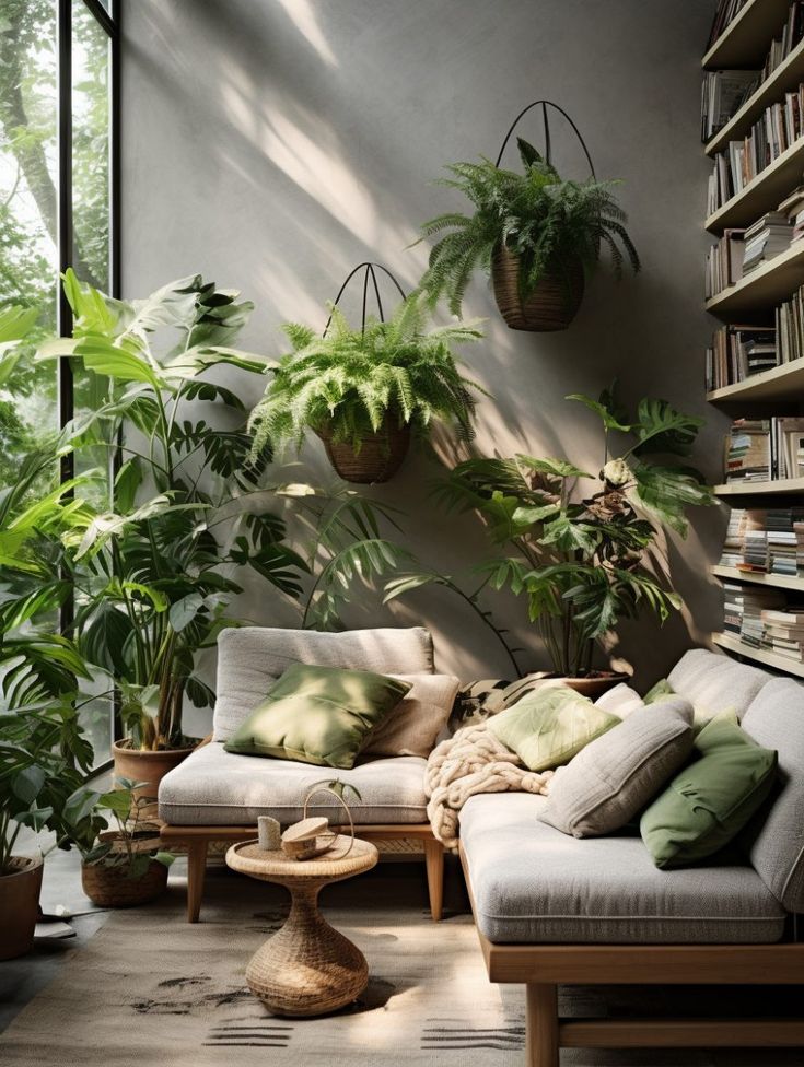 Espaço de lazer com sofás e plantas