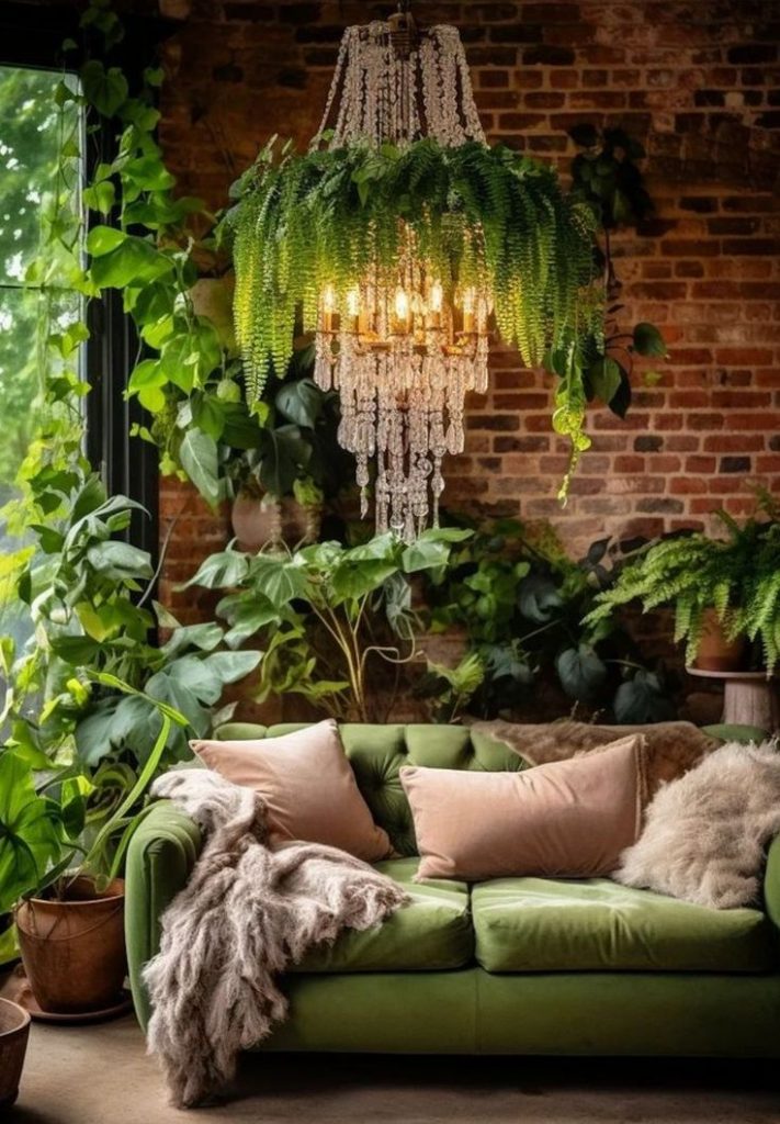 Sala de estar com sofá verde e lustre imponente