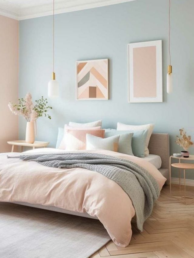 Quarto de casal em tons pastel de azul e rosa