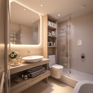Banheiro em tons neutros, com iluminação de LED