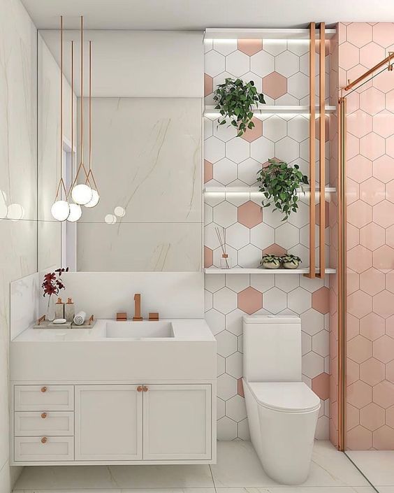 Banheiro em branco e rosa