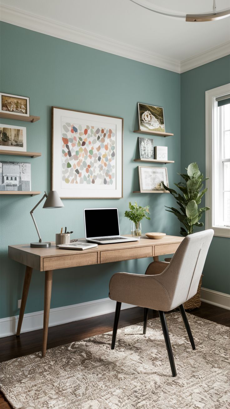 Home office com parede azul