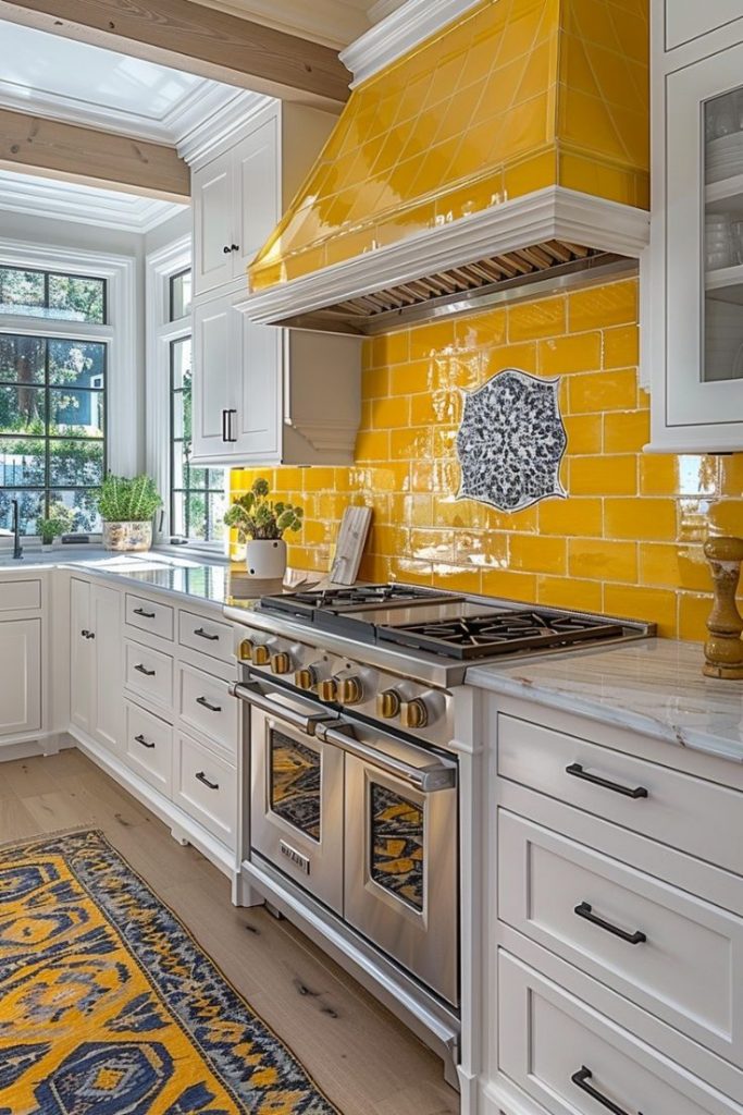 Cozinha com revestimento e tapete amarelo