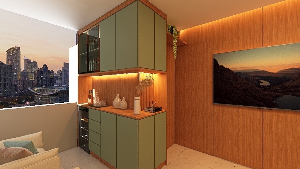 Simulação de cozinha verde com parede amadeirada