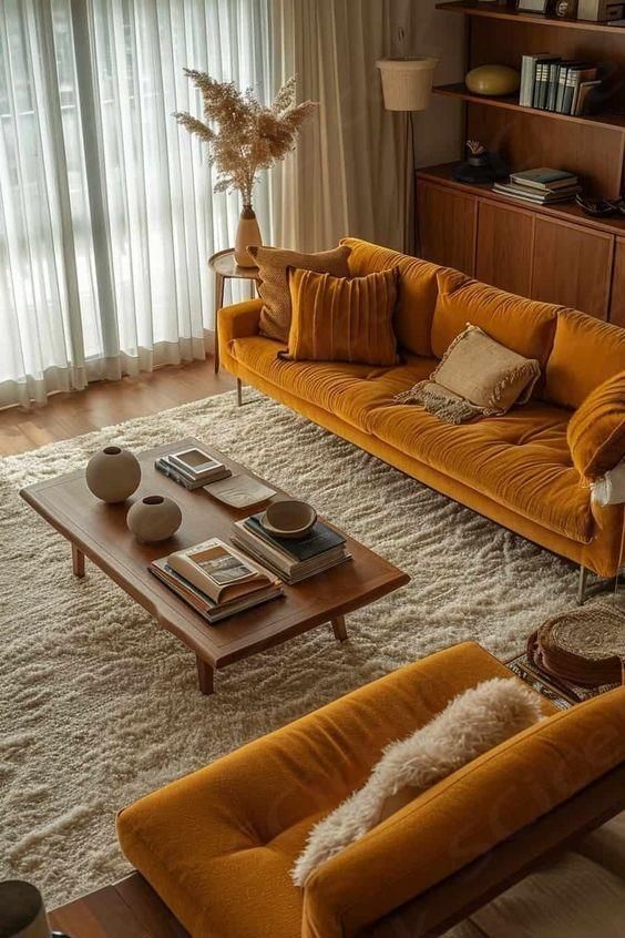 Sala com sofá mostarda