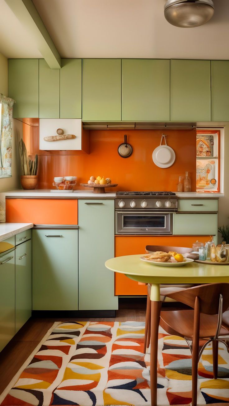 Cozinha em verde menta e laranja