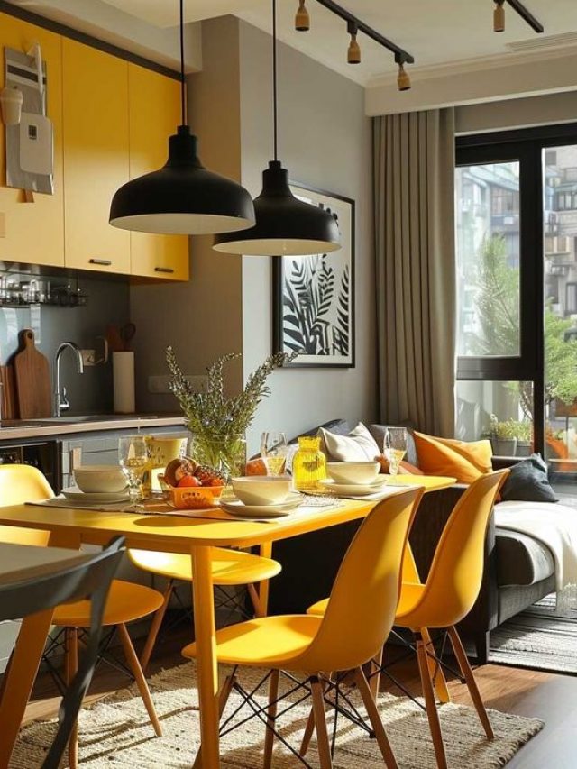 Sala de jantar com mesa e cadeiras amarelas
