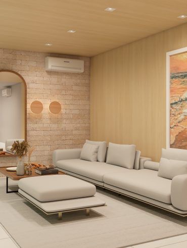 Sala em cores neutras com sofá moderno