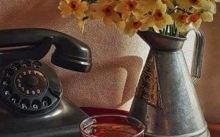 Telefone de disco e bule com flores