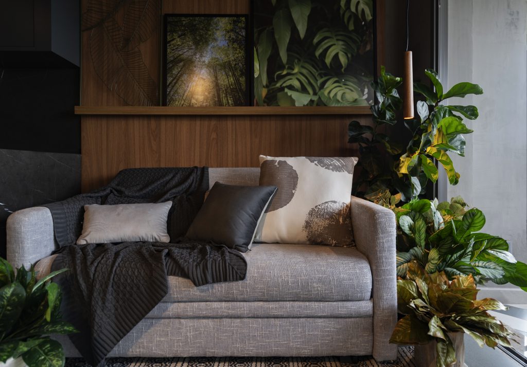 Sala com sofá cinza, quadros de paisagens e plantas
