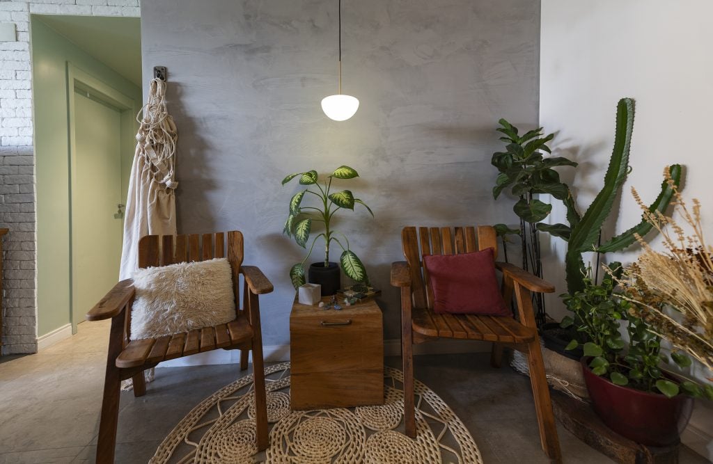 Espaço com cactos e suculentas, e cadeiras de madeira
