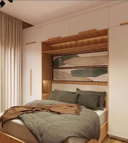 Quarto de casal com cama embutida com amadeirados e quadros