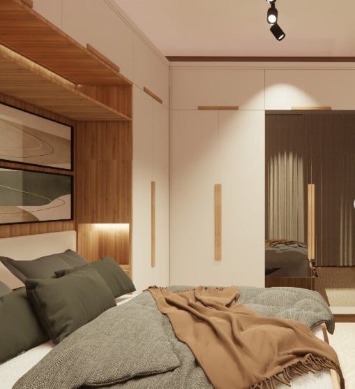 Quarto de casal com cama embutida com amadeirados e quadros
