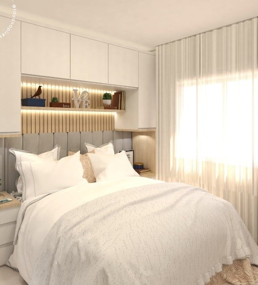Quarto de casal branco com cama modular