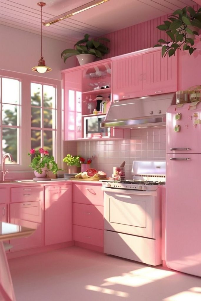 Cozinha rosa com geladeira retrô