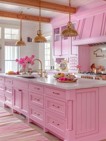 Cozinha com armários rosa e ilha com bancada branca e pendentes