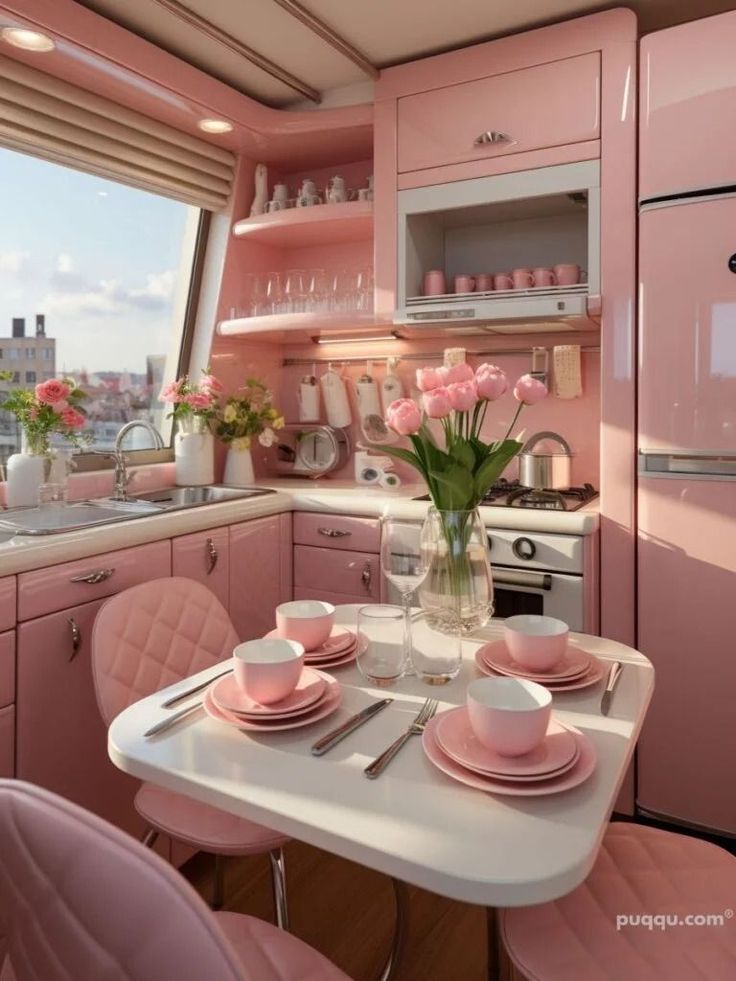 Cozinha rosa com detalhes em branco