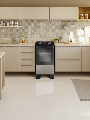 Cozinha em paleta neutro com fogão como destaque