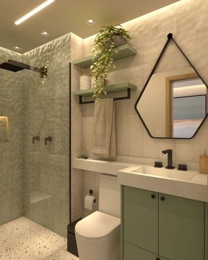 Banheiro em tons neutros e verde-menta
