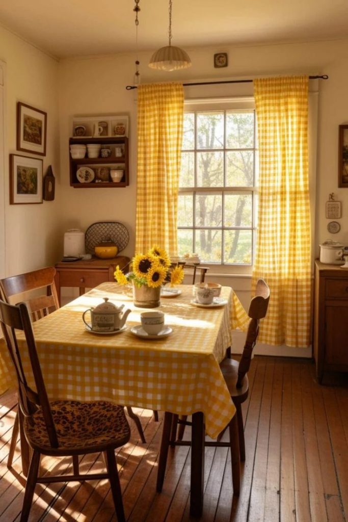 Cozinha com toalha e cortina xadrez em branco e amarelo