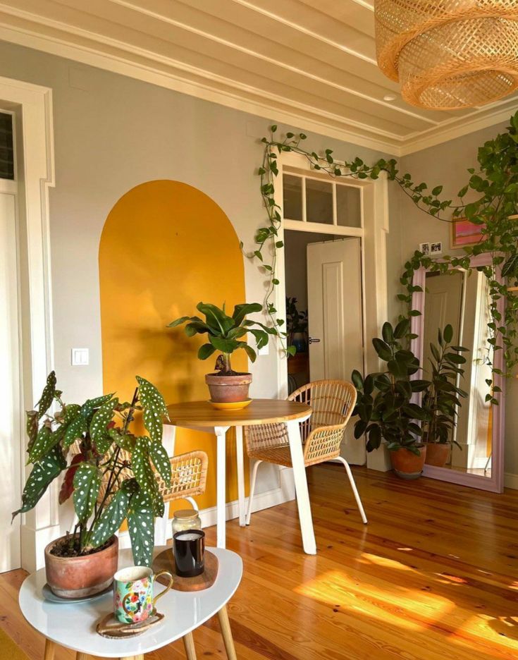 Ambiente com plantas e pintura orgânica amarela