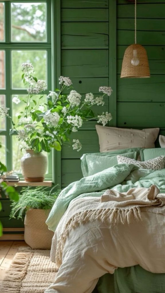 Quarto com parede e jogo de cama verde