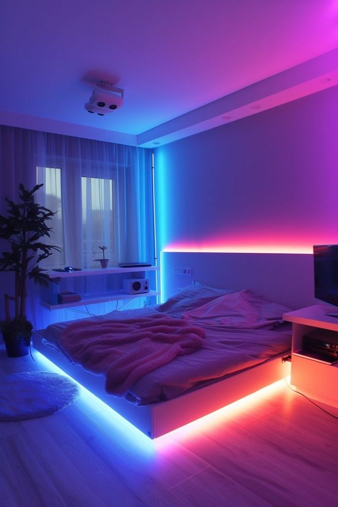 Quarto com luzes LED coloridas