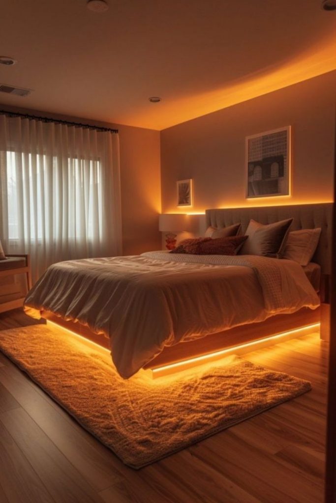 Quarto com fitas em LED amarela