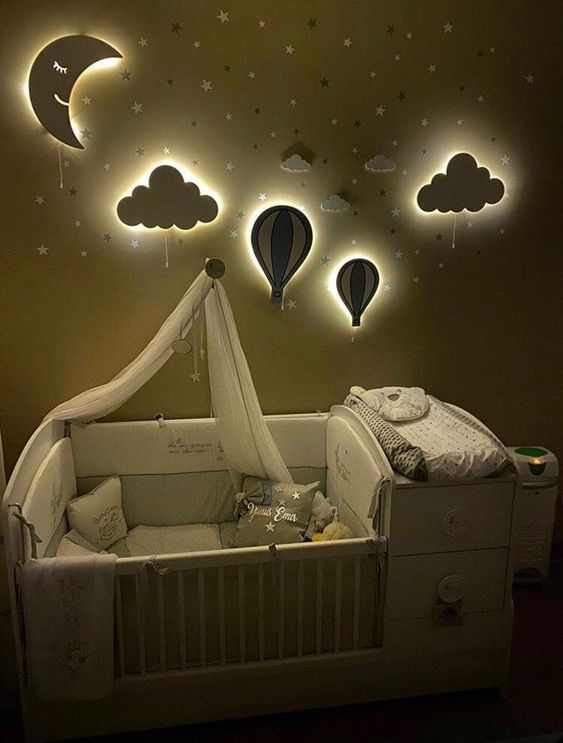 Quarto infantil com nuvens, balão e lua com led