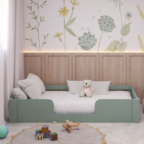 Quarto com madeira a cama verde-claro