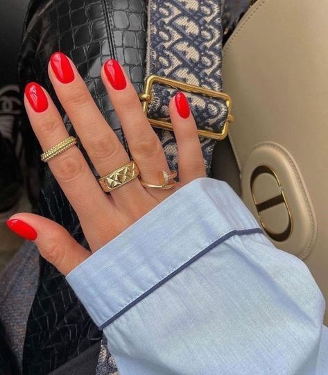 Foto de uma mão branca com unhas vermelhas e anéis em dourado. Na foto aparece o punho de uma camisa azul. 