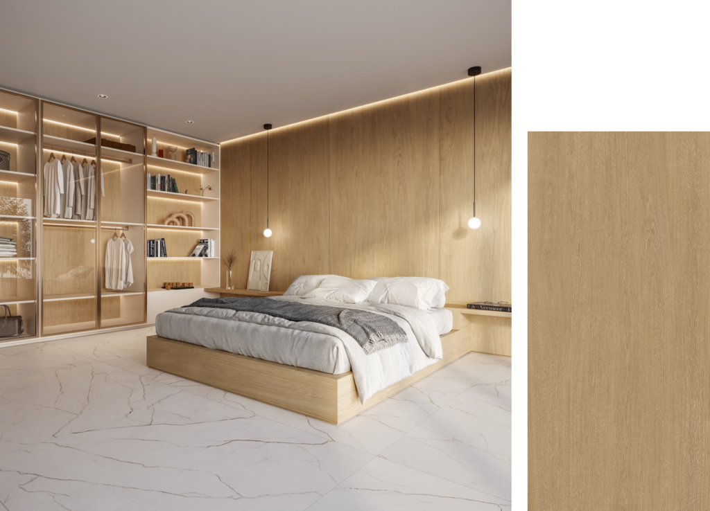Quarto de casal com cerâmica na parede que representa a madeira natural
