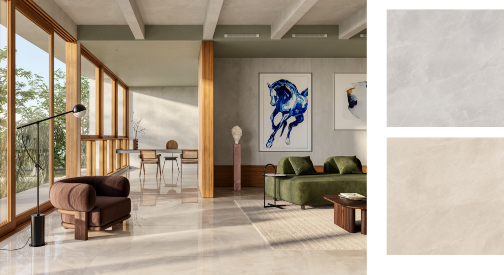 Living com sofás e poltronas, e quadro com cavalo em azul
