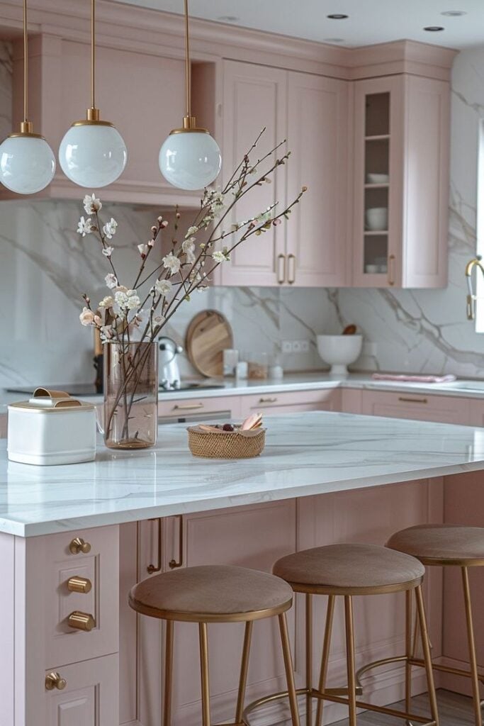 Cozinha rosa com detalhes em rosé com bancada em quartzo branco