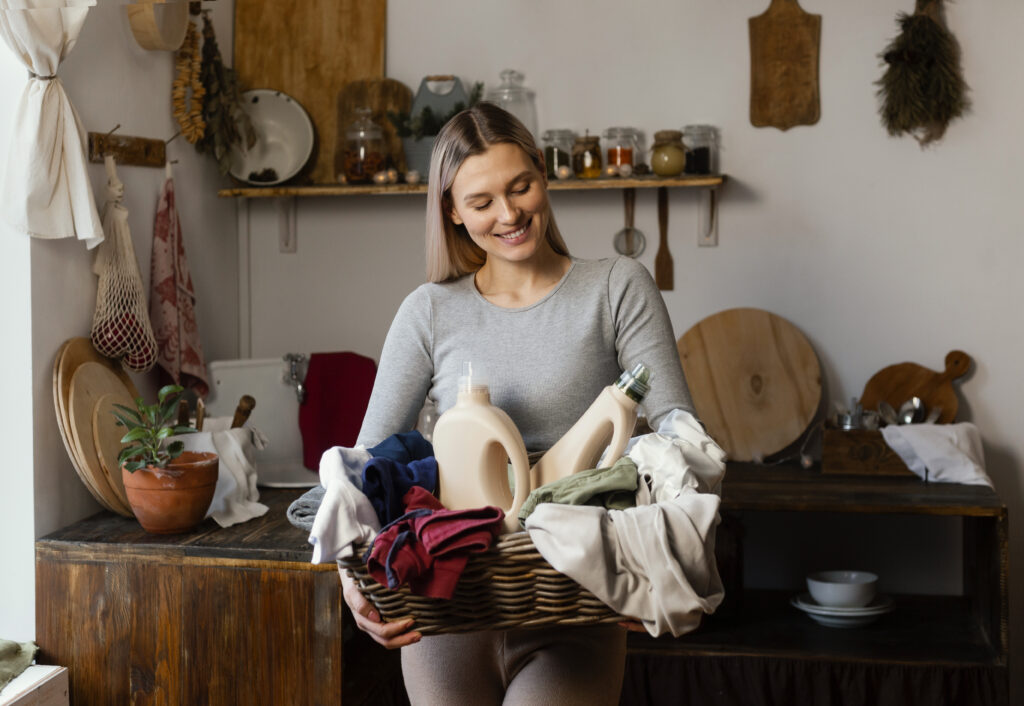 Mulher com cesta de produtos de limpeza