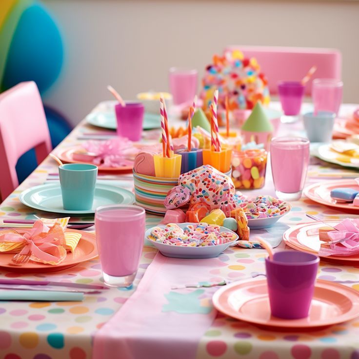 Mesa posta com toalha de bolinhas e copos coloridos