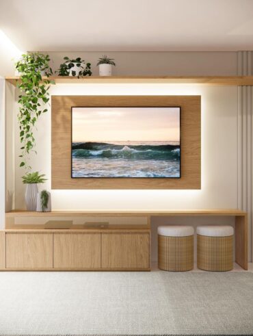 Sala de estar com TV e plantas