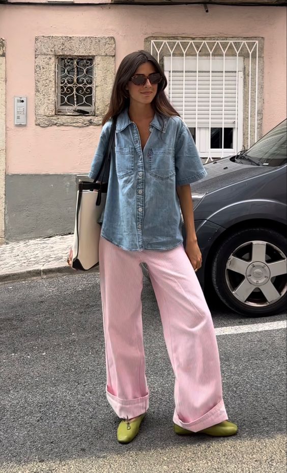 Mulher jovem, magra e de pele clara. Ela está usando camisa jeans de manga curta, calça rosa e sapatilha verde.